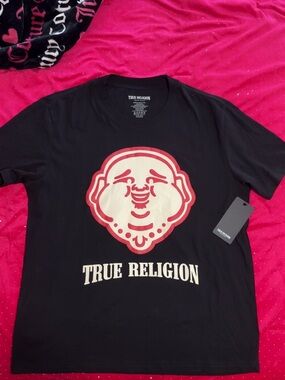 True Religion Black Tee with Cream & Red Buddha Graphic